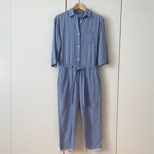 Women's Linen-Blend Chambray Jumpsuit with Tie Waist | Size Small | Light Blue